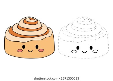 Doodle cute kawaii cinnamon roll coloring pages for kids. Trace and color cinnamon roll. Cute character cinnamon roll icon, clip art, element, vector illustration in flat style. 