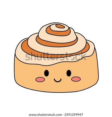 Doodle cute kawaii cinnamon roll isolated on white background. Cute character cinnamon roll icon, clip art, element, vector illustration in flat style. 