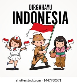 doodle cute kids hold indonesian flag. dirgahayu indonesia mean happy independence day of indonesia