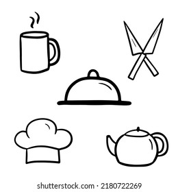 Doodle cute kitchen tool. Chef Hat Cartoon Vector Illustration. Cooking icon set isolated on white background