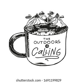 Doodle cute landscape mug and an inspirational quote - the outdoors is calling.