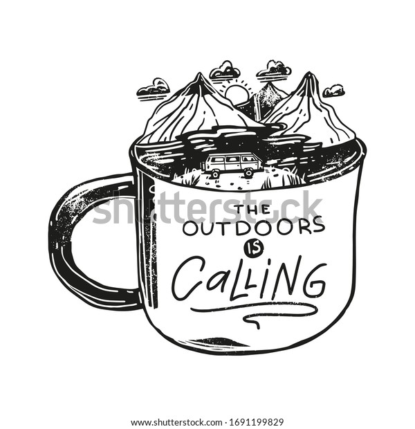 Doodle cute landscape mug and an inspirational\
quote - the outdoors is\
calling.