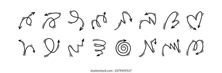 Doodle cute line arrow set. Misdirection motion expression. Cartoon manga icons. Curve, spiral, twist, bounce, tornado, loop illustration in anime Japanese style.
