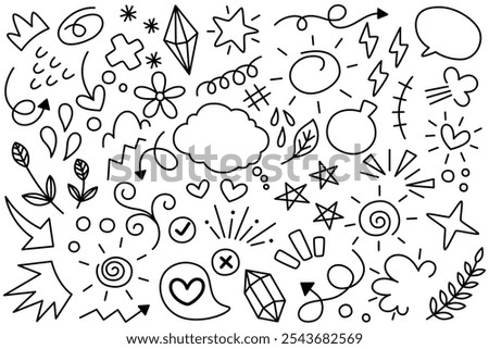 Doodle cute line elements, Black hand drawn vector elements, Simple sketch line style emphasis, attention, arrow, heart, love, star, leaf, sun, flower, crown, swirl