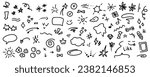 Doodle cute line elements, glitter pen drawings. Simple sketch line style emphasis, attention, pattern elements. Doodle heart, arrow, star, sparkle decoration symbol set icon. Vector illustration.