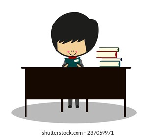 Doodle Cute Little Boy Are Learning At His Desk - Full Color