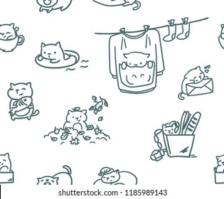 doodle cute little cat vector seamless pattern