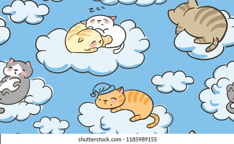 doodle cute little cat vector seamless pattern sleep clouds