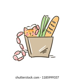 doodle cute little cat vector in paper bag food