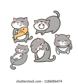 doodle cute little cat vector set grey food  yawn lick lay smile