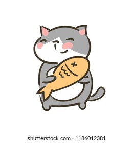doodle cute little cat vector fish trophy