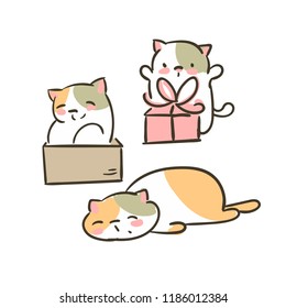 doodle cute little cat vector set collection present box tired