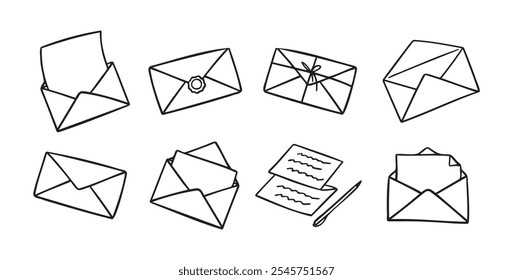 Doodle cute mail outline letters and envelope set. Hand drawn outline mail icon. Mail collection. Vector illustration