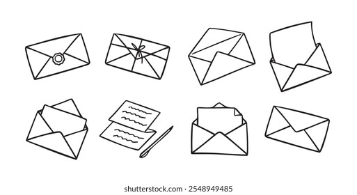 Desenhe letras bonitas e mai e envelope conjunto. Ícone de email de estrutura de tópicos desenhada à mão. Coleção de email. Ilustração vetorial