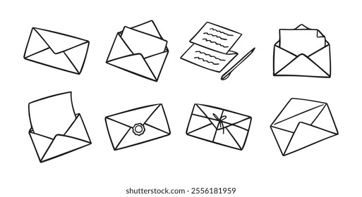 Doodle cute mail outline letters and envelope set. Hand drawn outline mail icon. Mail collection. Vector illustration