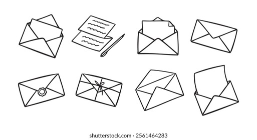 Doodle cute mail outline letters and envelope set. Hand drawn outline mail icon. Mail collection. Vector illustration