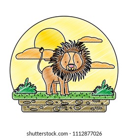 doodle cute male lion wild animal in the landscape