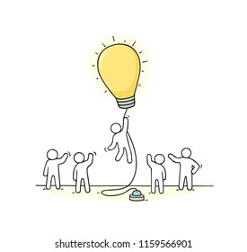 Doodle cute miniature scene of workers with flying lamp idea. Sketch concept about success and leadership. Hand drawn cartoon vector illustration for business design.