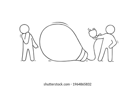 Doodle cute miniature scene of workers with lamp idea. Sketch concept about creative. Hand drawn cartoon vector illustration for business design.