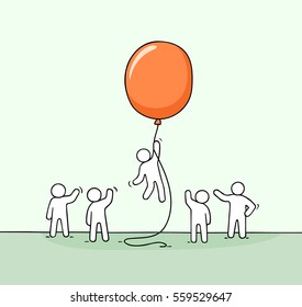 Doodle cute miniature scene of workers with balloon. Sketch concept about success and leadership. Hand drawn cartoon vector illustration for business design.