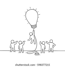 Doodle cute miniature scene of workers with flying lamp idea. Sketch concept about success and leadership. Hand drawn cartoon vector illustration for business design.