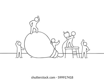 Doodle cute miniature scene of workers with lamp idea. Sketch concept about creative. Hand drawn cartoon vector illustration for business design.