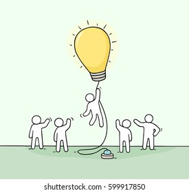 Doodle cute miniature scene of workers with flying lamp idea. Sketch concept about success and leadership. Hand drawn cartoon vector illustration for business design.