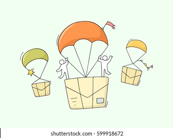 Doodle cute miniature scene of workers with flying letters. Sketch concept about delivery and post. Hand drawn cartoon vector illustration for business design.
