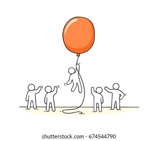Doodle cute miniature scene of workers with balloon. Sketch concept about success and leadership. Hand drawn cartoon vector illustration for business design.