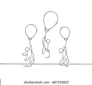Doodle cute miniature scene of workers with flying lamp idea. Sketch concept about success and leadership. Hand drawn cartoon vector illustration for business design.