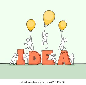 Doodle cute miniature scene of workers with flying lamp idea. Sketch concept about success and leadership. Hand drawn cartoon vector illustration for business design.