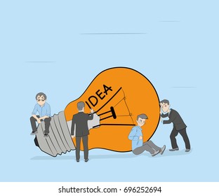 Doodle cute miniature scene of workers with lamp idea. Sketch concept about creative. Hand drawn cartoon vector illustration for business design.