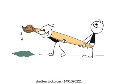 Doodle cute miniature scenes of stick figures with paint brush. Hand drawn cartoon vector illustration for business and school design.