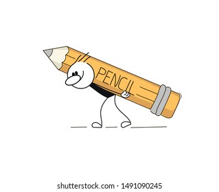 Doodle cute miniature scenes of stick man with pencil. Hand drawn cartoon vector illustration for business and school design.