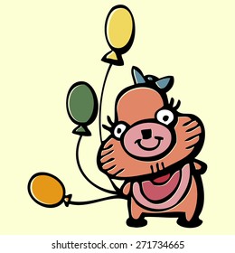 doodle cute monster with air balloons, colorful crazy character, isolated design element