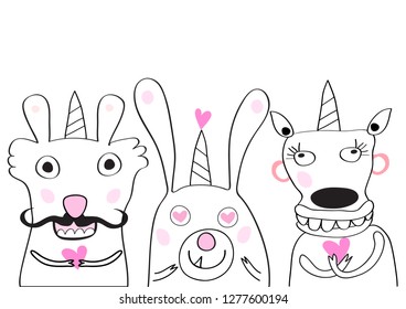 かわいいペットの犬の絵簡単な柄の衣装を着た手描きのペットのジェスチャーシームレスな柄とイラストで おかしく楽しいカラフルな顔を笑わせる のベクター画像素材 ロイヤリティフリー