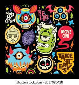 Doodle Cute Monster Sticker Icons Hand Drawn Coloring Vector