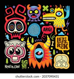 Doodle Cute Monster Sticker Icons Hand Drawn Coloring Vector