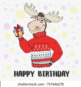 Doodle cute moose sweater gift, humorous gift card with birthday