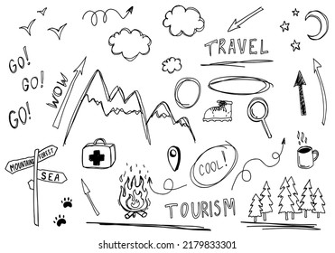 Doodle cute mountains, nature, hike, forest isolated line collection. Hand drawn vector illustrations coloring set. Sketch for a tattoo.