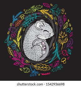 Doodle cute mouse in the grass sleeping on a black background next to bright leaves branches with berries