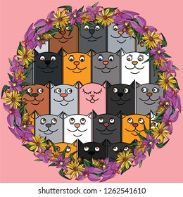 Doodle. Cute multicolored cats and one pink kitty. Vector illustration.