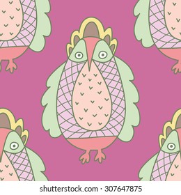 Doodle cute owl on purple background seamless pattern