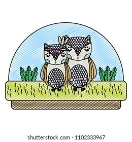 doodle cute owls animals together in the countryside