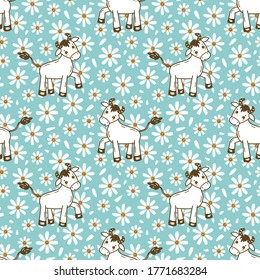 Doodle Cute Ox  and Chamomile Vector Floral Seamless pattern. Background with Cartoon Funny Bull or Cow with Daisy Flowers. 2021 Year of Ox Chinese Zodiac Sign