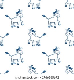 Doodle Cute Ox Vector Seamless pattern. Background with Cartoon Funny Bull or Cow. 2021 Year of Ox Chinese Zodiac Sign