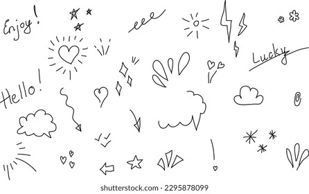 Doodle cute pen line elements. Doodle heart, arrow, star, sparkle decoration symbol set icon. Simple sketch line style emphasis, attention, pattern elements. Vector illustration.