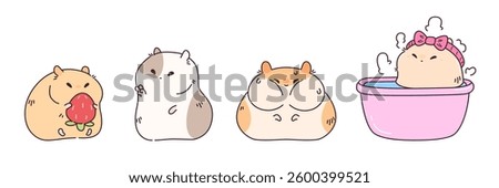 Doodle cute pet characters set - round fluffy happy kawaii hamster eating strawberry, smiling friendly rodent with cheeks sitting and showing peace gesture, chubby hammy bathing in plastic tub.