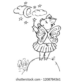 Doodle cute pig fairy with wings and magic wand looking at stars and moon on white background