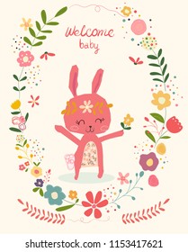 doodle cute pink bunny in flower wreath  frame baby shower card